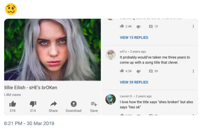 A 2019 screenshot of YouTube comments on Billie Eilish's 'sHE's brOKen', showcasing the same 'hidden word' wordplay style that popularized 'sbeve'.