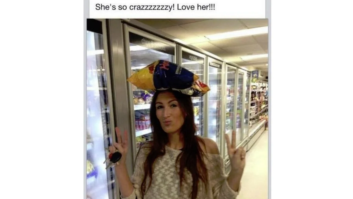 The original meme image that popularized the 'She's so crazzzzzzy! Love her!!!' catchphrase.
