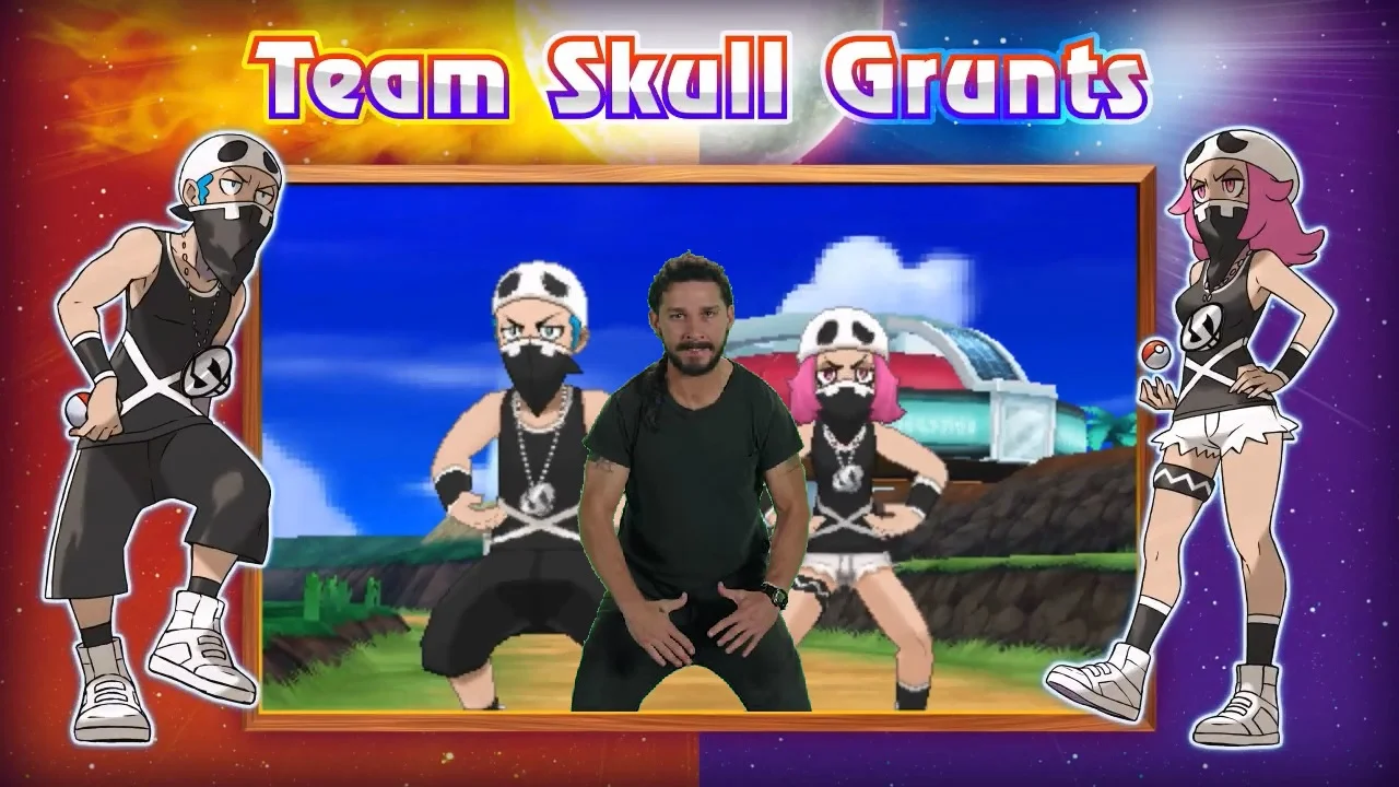 Fan-made image comparing the Pokémon Sun/Moon Team Skull Grunts' idle stance to Shia LaBeouf's 'Just Do It' pose.