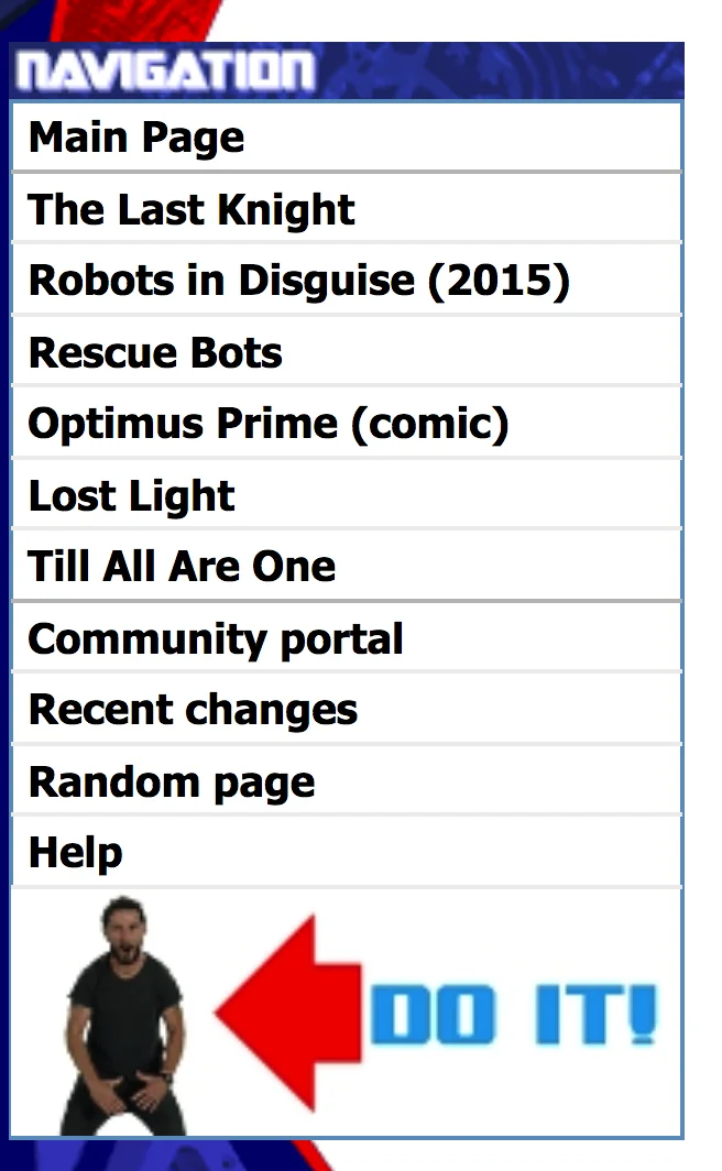 Transformers Wiki sidebar using a Shia LaBeouf 'Just Do It' button, blending the meme with his Transformers film role.