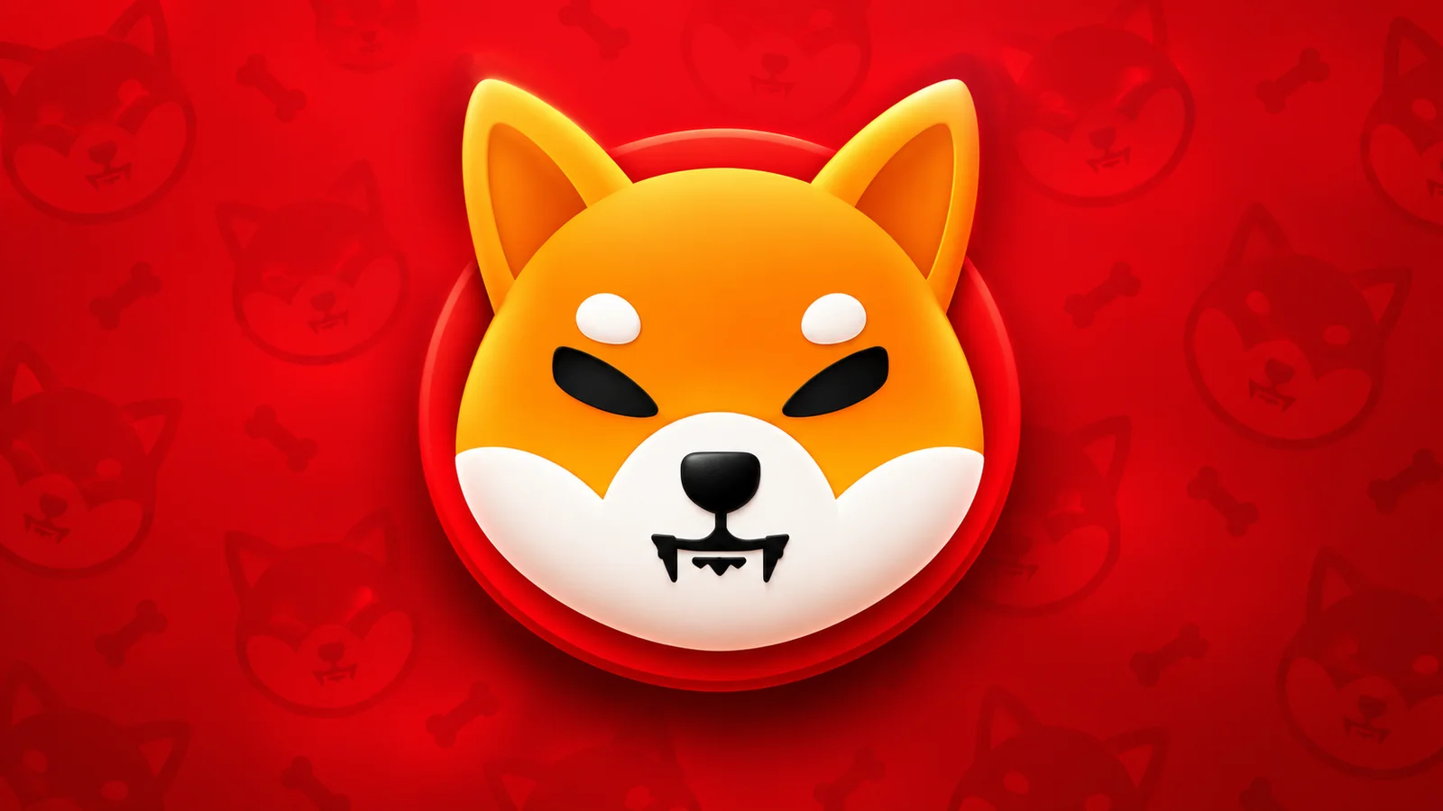 The official Shiba Inu cryptocurrency logo features a stylized shibe face with determined eyes and vampire-like fangs, set against a vibrant red background patterned with smaller shiba faces.