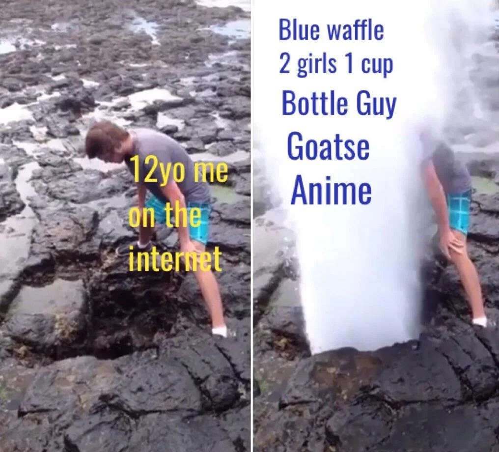 A relatable meme comparing a preteen's curious browsing of infamous shock sites like Goatse and 2 Girls 1 Cup to the sudden, overwhelming blast of a geyser.