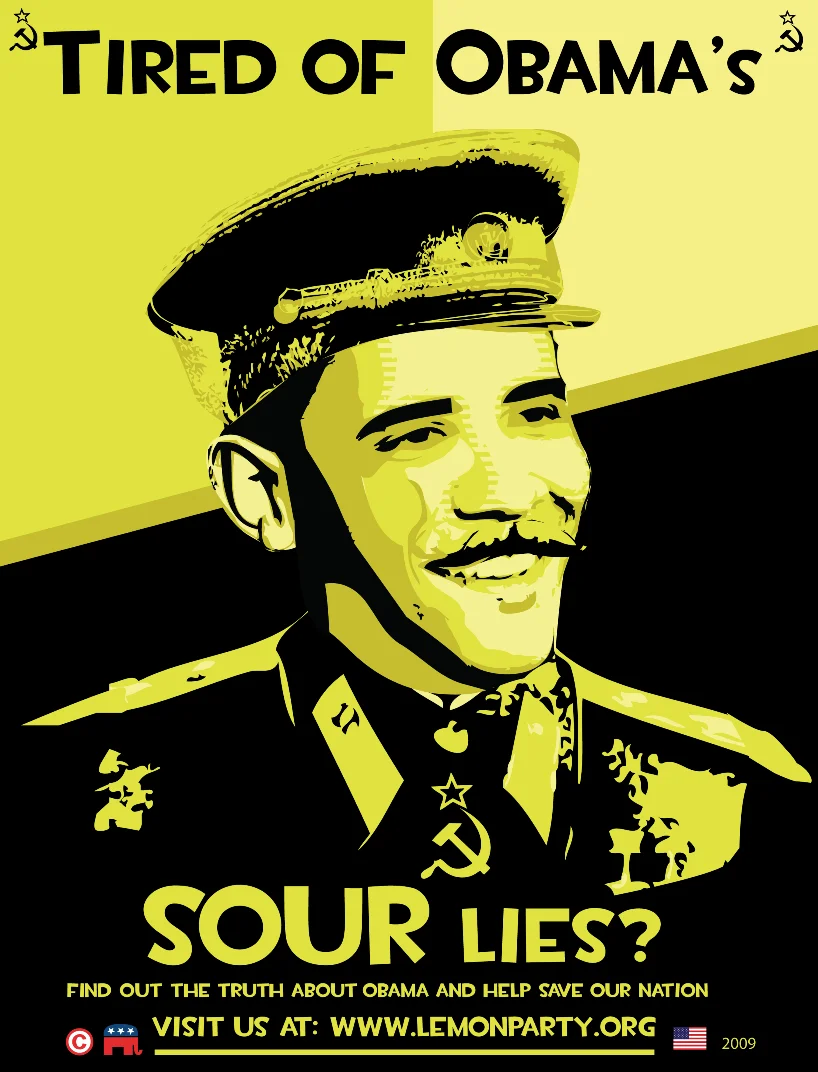 A fake political poster from 2009 that lures viewers into visiting the shock site Lemonparty.org under the guise of anti-Obama messaging.