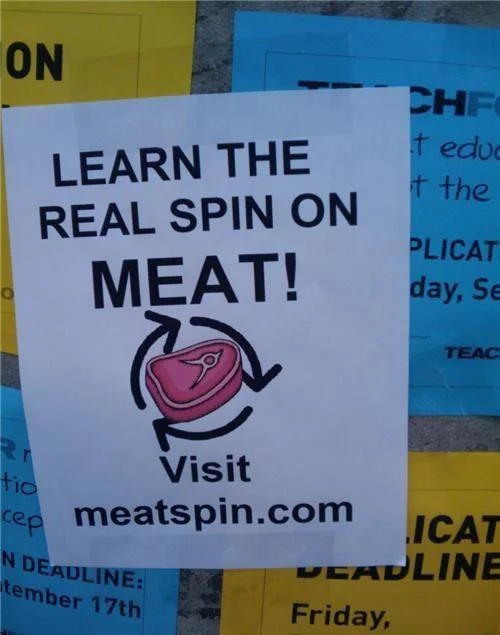 A prank flyer directing unsuspecting readers to the shock site Meatspin.com, disguised as a promotional poster about meat.