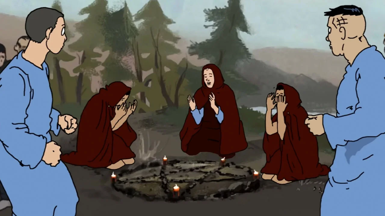 A still from the animated ritual scene that inspired the 'Shoebody Bop' meme, featuring cloaked figures chanting around a pentagram.