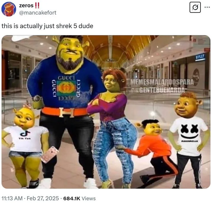 Redesigned characters in mall setting meme.
