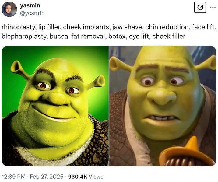 Plastic surgery jokes about Shrek's redesign.
