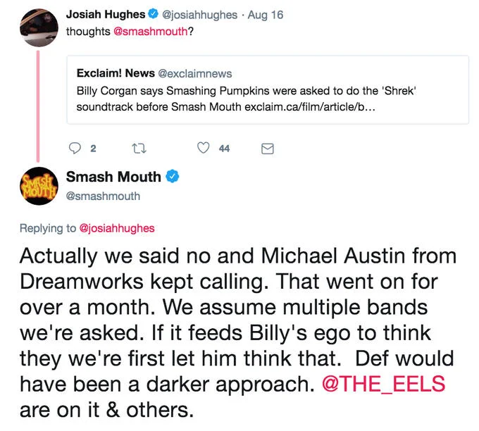 In a follow-up Instagram Story, Billy Corgan revealed the song Smashing Pumpkins would have offered to Shrek was called 'Untitled'.