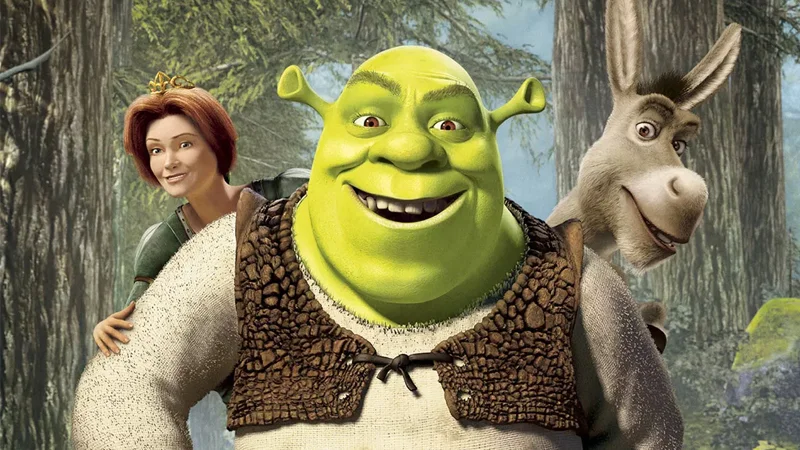 The core trio of the Shrek film franchise — Shrek, Fiona and Donkey — as seen in DreamWorks promotional artwork.