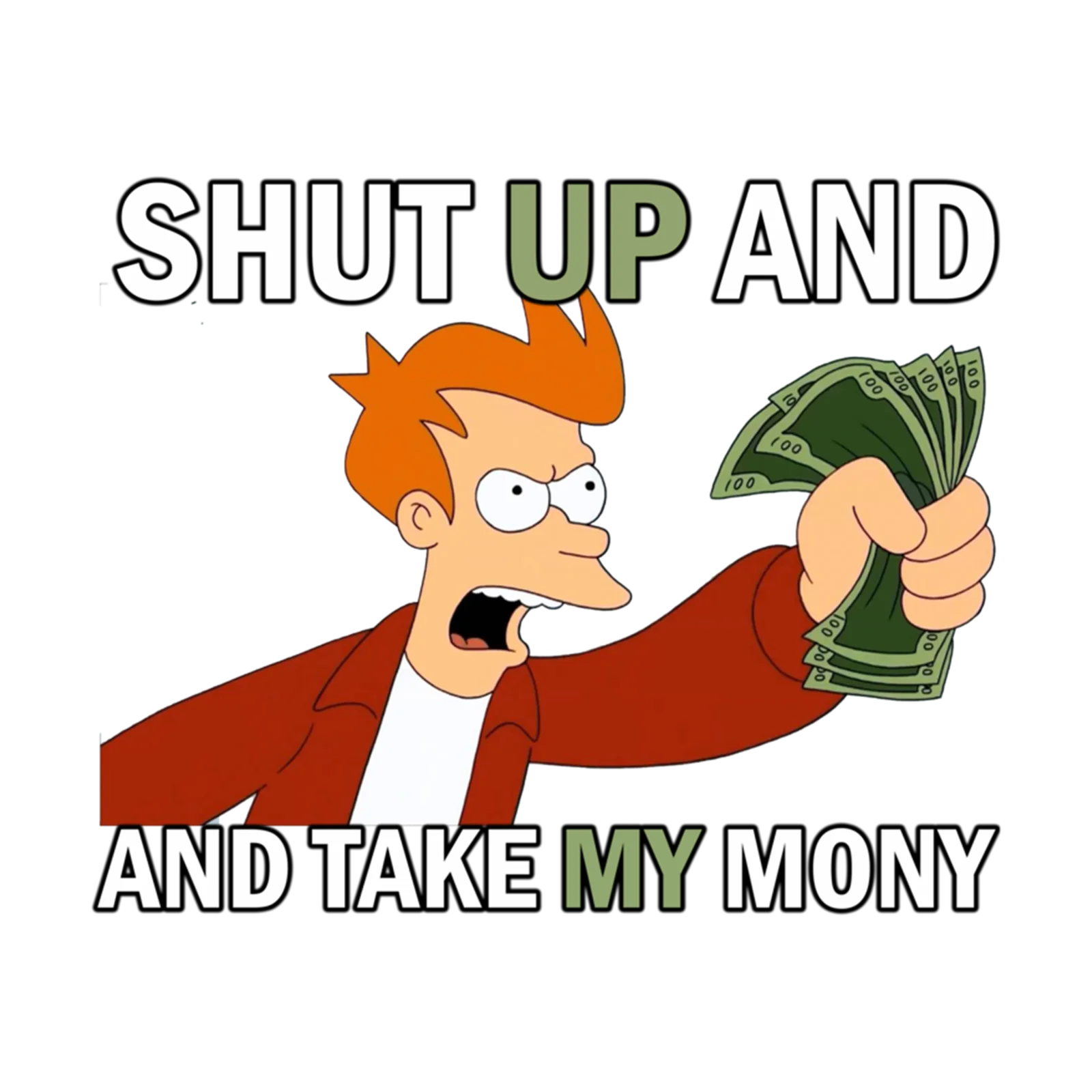 Fry with money and digital glitch effects.