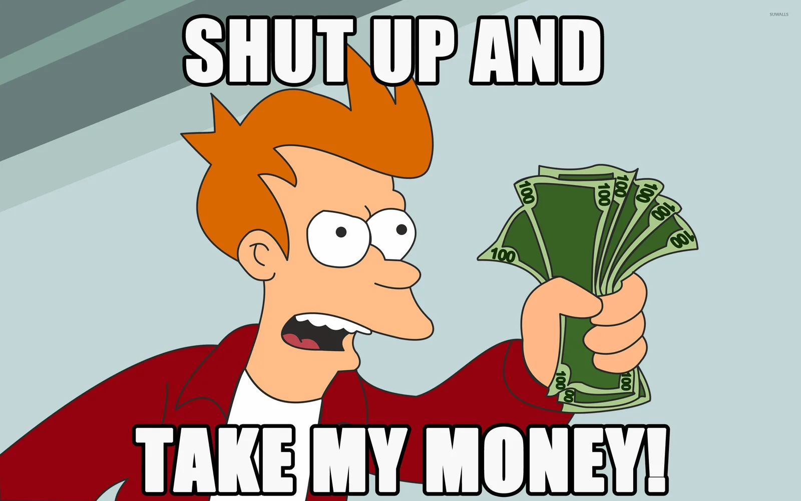 Fry enthusiastically holds cash.