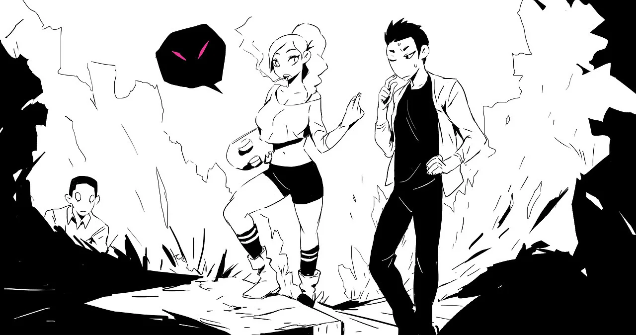 Monochrome fan illustration of the trio with the wolf's glowing eyes lurking behind them.