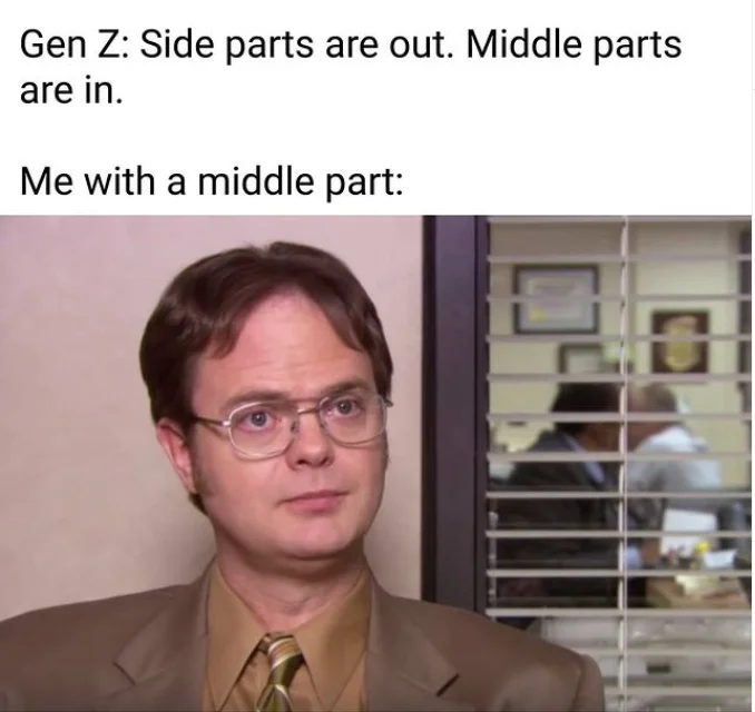 A popular reaction meme uses Dwight Schrute from The Office to poke fun at the Gen Z middle part trend.