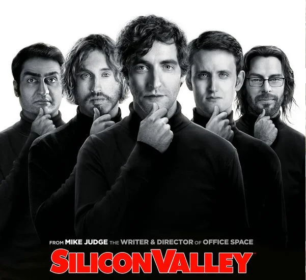 The official HBO promotional key art for Silicon Valley, featuring the show's core ensemble and Mike Judge's writer/director credit.