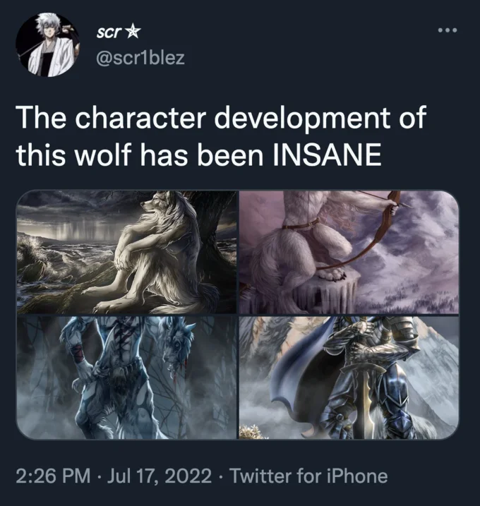 A viral 2022 tweet by @scr1blez that helped spread Sitting Wolf by joking about the wolf's evolving 'character development.'