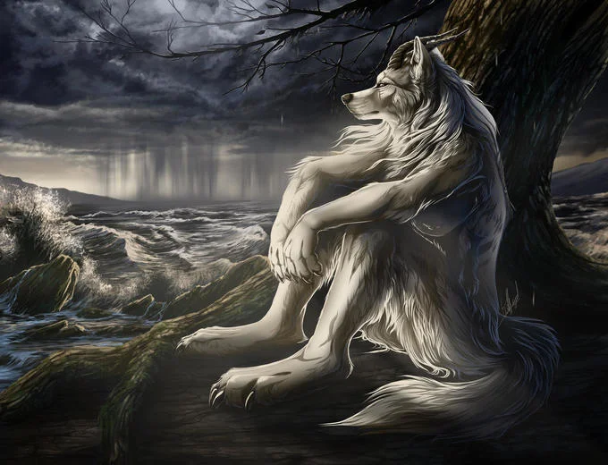 A cleaner cropped version of the original 'Sitting Wolf' painting used widely across the meme's spread.
