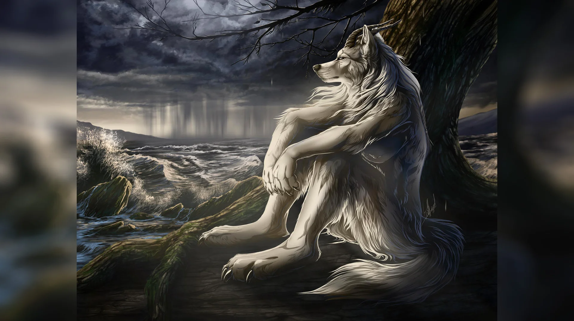 The original 'Sitting Wolf' artwork depicting a contemplative white wolf-humanoid resting against a tree by a turbulent coastline.