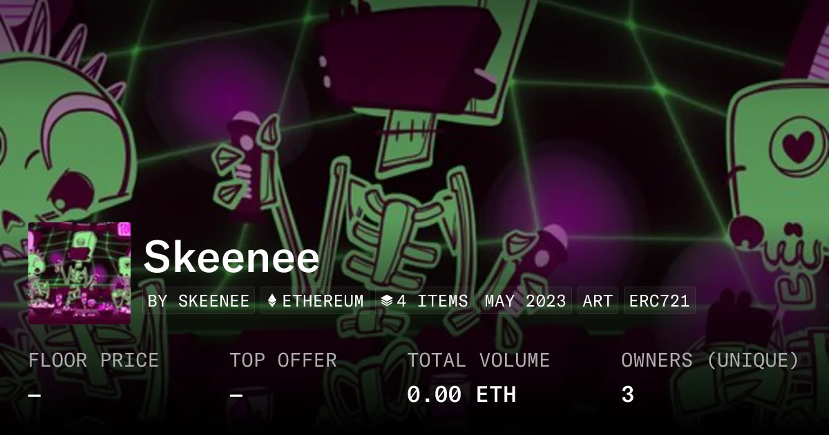 Skeenee NFT collection on blockchain marketplace.