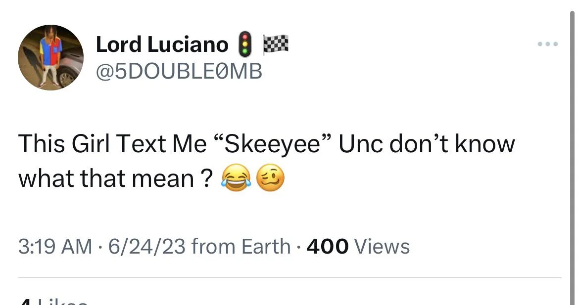 Twitter post about Skeeyee text exchange.