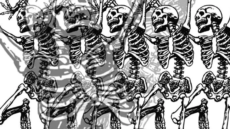 The iconic Skeleton War banner image depicting a horde of skeletons marching into battle, commonly used as the meme's main visual identity.