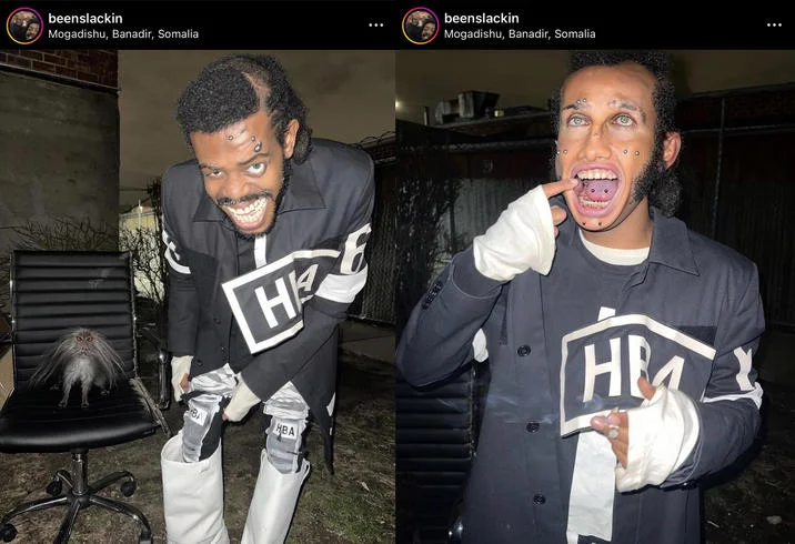 Screenshots from the Instagram account 'beenslackin', a figure central to the Skeletrix Island meme, showing the character in signature Hood By Air attire.