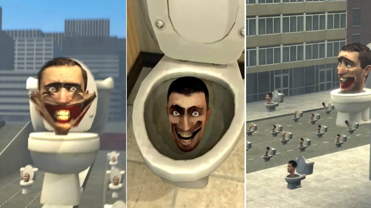 Three-panel Skibidi Toilet series collage showing toilet-headed humanoids in city environments and a bathroom close-up.