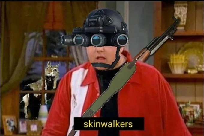 A photoshopped Drake and Josh meme showing Josh Peck geared up to fight skinwalkers.