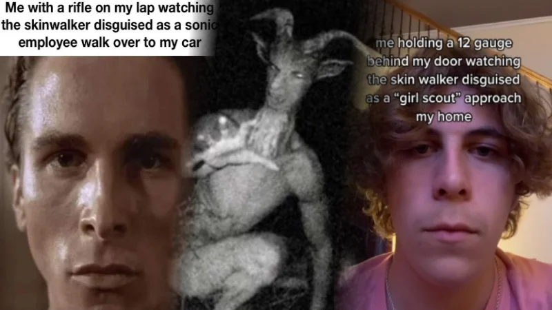 A cover collage showcasing popular skinwalker meme formats, blending Patrick Bateman and TikTok-style captions with a classic skinwalker depiction.