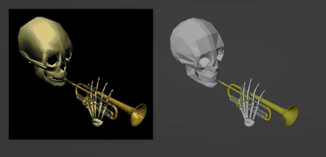 A comparison showcasing the original low-resolution Skull Trumpet render alongside a modern high-fidelity 3D remake.