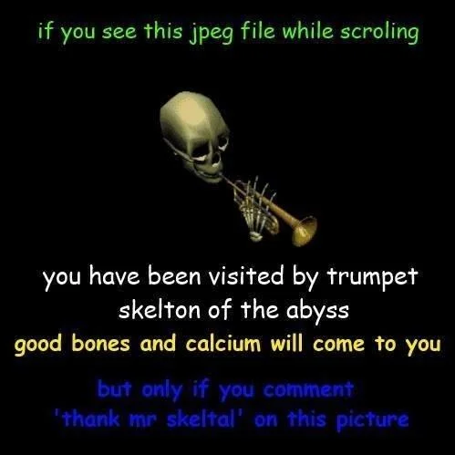 The 'Trumpet Skelton of the Abyss' chain-letter meme that fused the Skull Trumpet with the 'Thank Mr Skeltal' catchphrase.