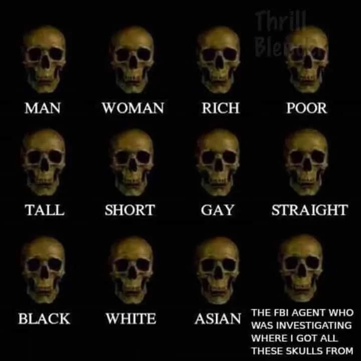 Grid of labeled skulls showing death equality.