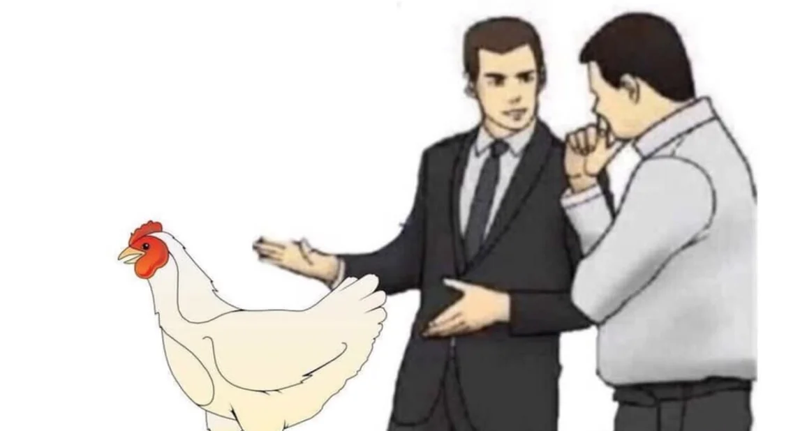 The primary meme image: the 'Car Salesman Slaps Roof of Car' template edited to show a chicken instead of a car, kicking off the 'slaps chicken at 3725.95 mph' joke.
