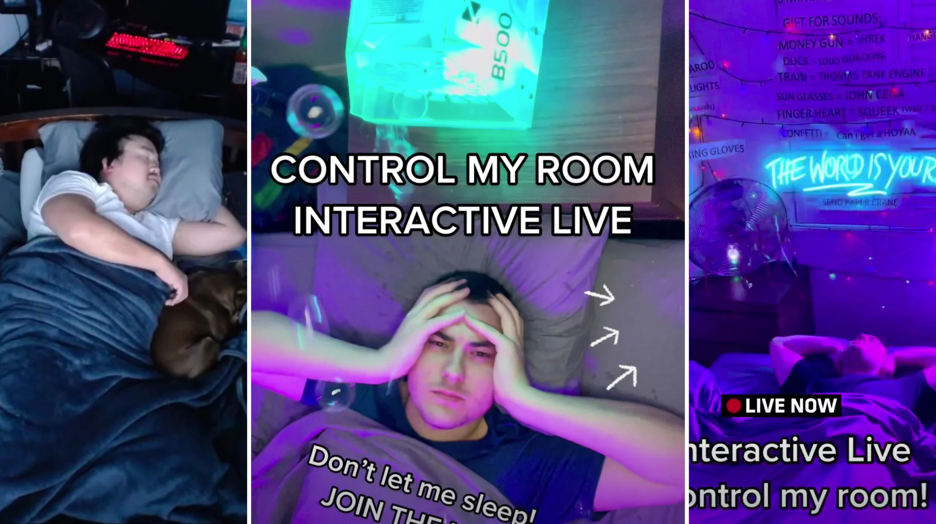 Screenshots from TikTok 'Control My Room Interactive Live' streams, where viewers send gifts to trigger lights, sounds, and gadgets in the sleeping streamer's bedroom.