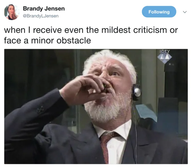 An early viral tweet turning the Praljak footage into an overreaction reaction image.