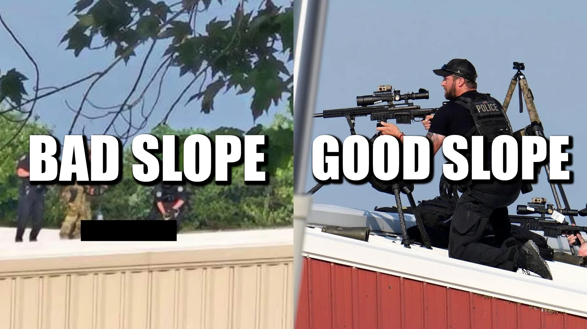 The main image mocking Secret Service Director Kim Cheatle's claim that snipers were not posted on the AGR building rooftop because of its slope.