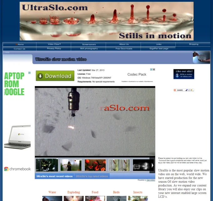 A homepage screenshot from UltraSlo.com, one of the earliest online repositories of slow-motion video content.