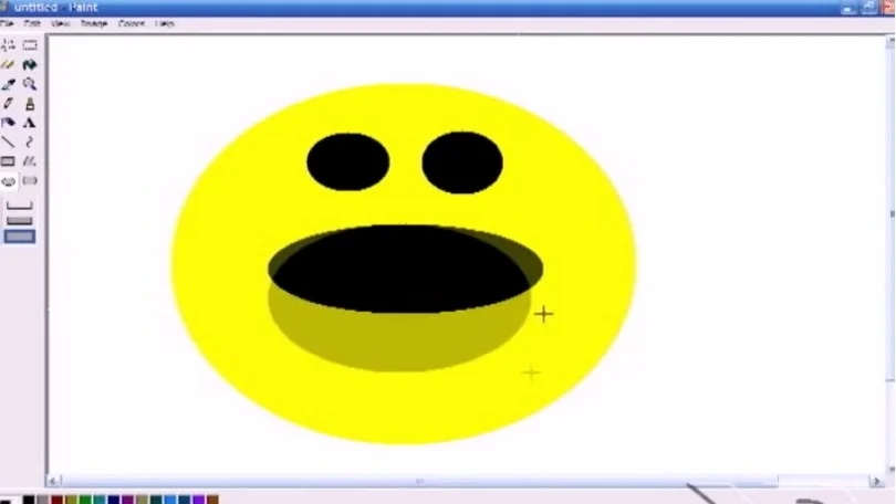 A screenshot from the 'Smiley Sings' animation, featuring the iconic MS Paint yellow smiley with its wide-open singing mouth.