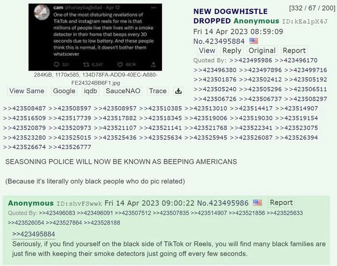 A 4chan thread quoting the @harleybaghdad tweet and continuing the discussion about ignored chirping smoke detectors.