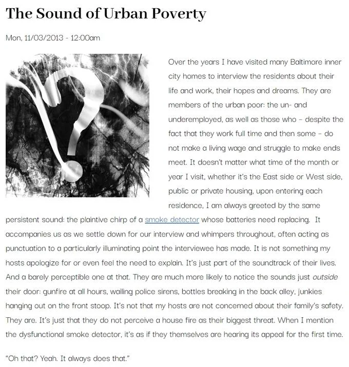 A 2013 essay titled 'The Sound of Urban Poverty' cited as early cultural commentary on chronically chirping smoke detectors.