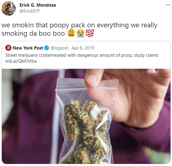 An early example of the 'smoking on that X pack' format, using a New York Post story about contaminated cannabis as the punchline.