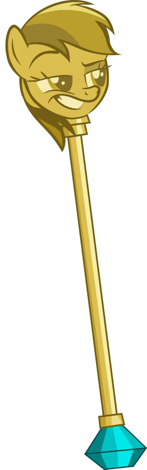 Alternative gold-toned rendering of the Smugdash scepter fan art, presenting the smug pony face as an ornamental staff figure.