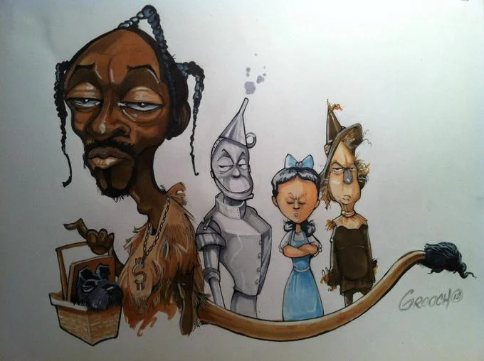 Fan art by Grooch depicting Snoop Lion as the Cowardly Lion from The Wizard of Oz alongside other iconic characters.