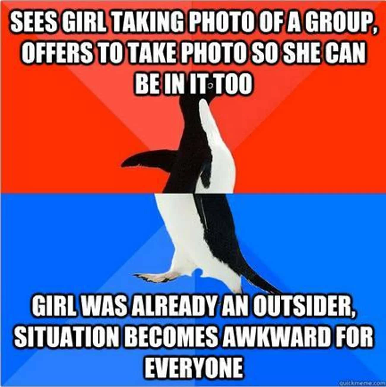 Awkward group photo situation meme.