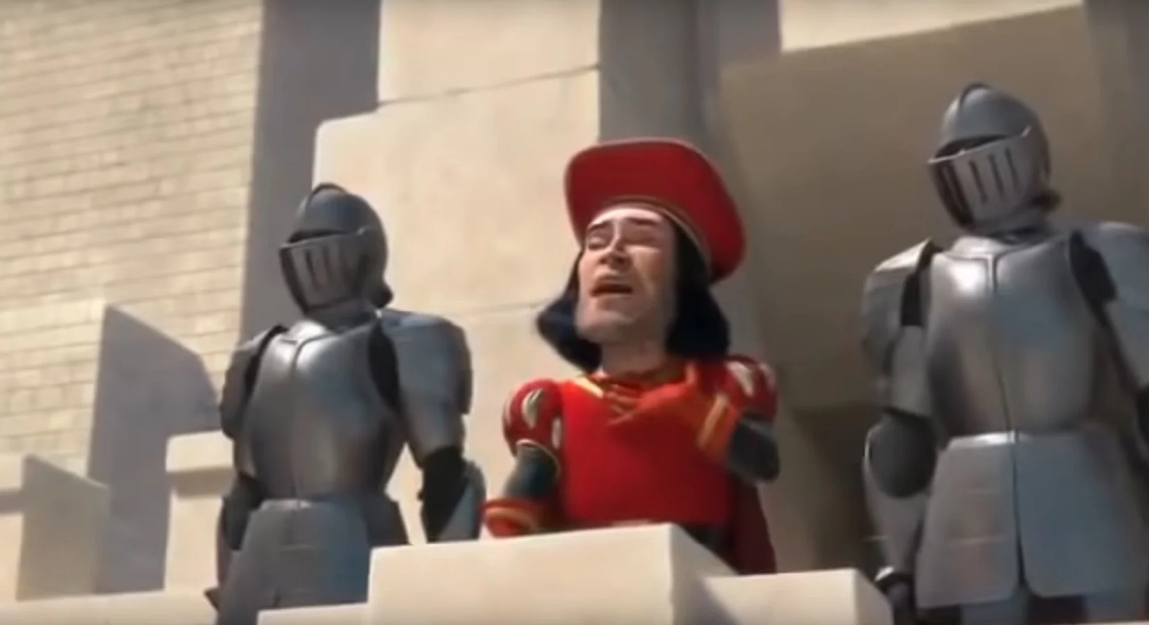The source scene from Shrek (2001) featuring Lord Farquaad delivering his infamous speech to his knights before the raid on Duloc.