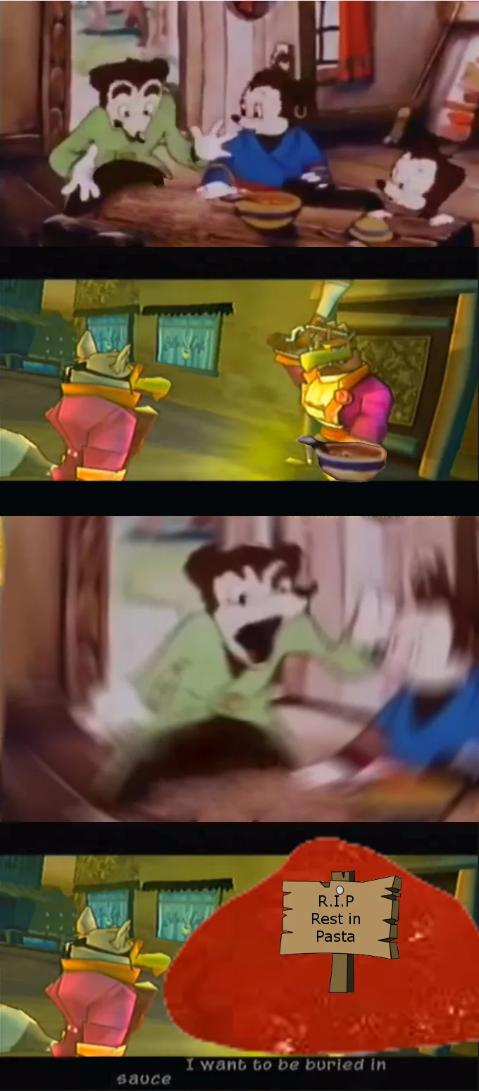 A crossover edit inserting an anime character eating spaghetti into the classic 'Somebody Toucha My Spaghet' family dinner scene.