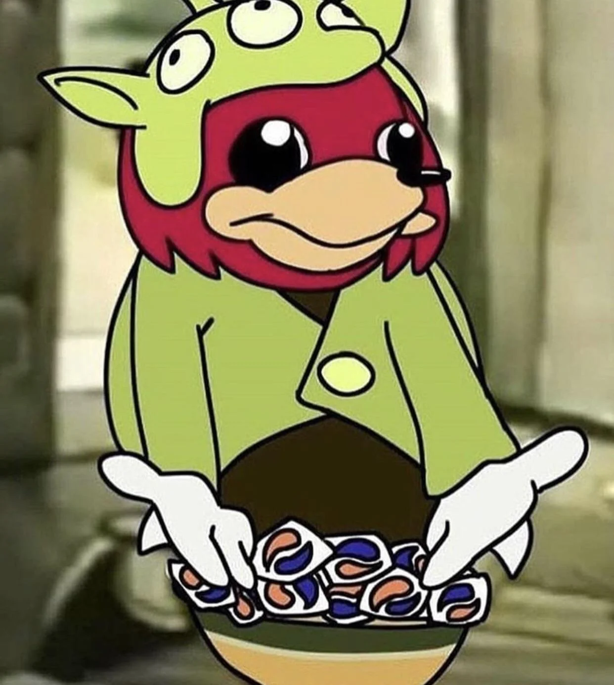 A crude 'deep-fried' style edit replacing the father's head with a screaming orc face and his spaghet with an Age of Empires town center.