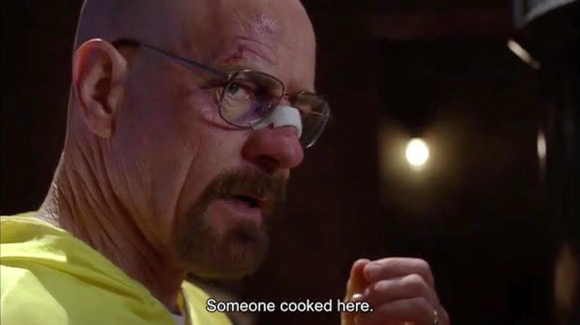 The origin screenshot from Breaking Bad showing Walter White delivering the line 'Someone cooked here,' which became the basis for the meme.