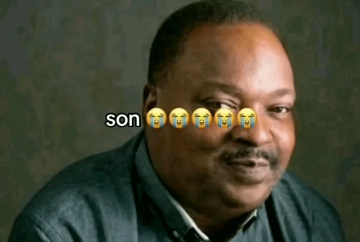 The original 'son ๐ญ๐ญ๐ญ๐ญ๐ญ' meme image showing a smirking man with crying-laughing emojis covering his eyes.