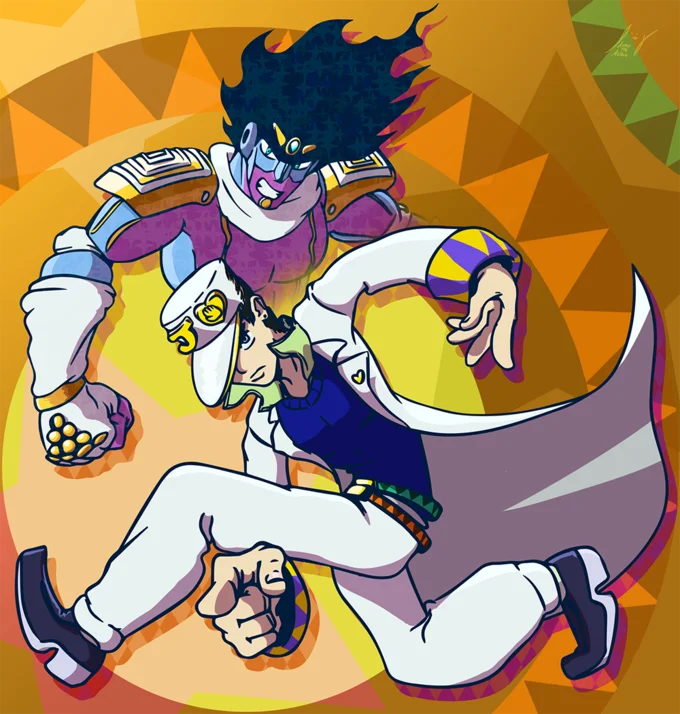 A JoJo's Bizarre Adventure crossover redrawing Jotaro and Star Platinum in the Sonic Adventure pose.