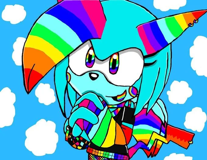 An exaggerated 'rainbow' Sonic original character exemplifying the often-mocked over-designed OC aesthetic.